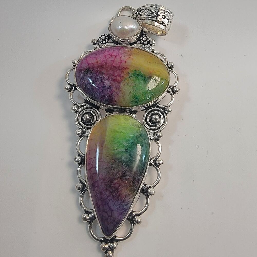 Necklace Pendants Dyed Fire Agate and Pearl Handmade Jewelry in Silver Setting